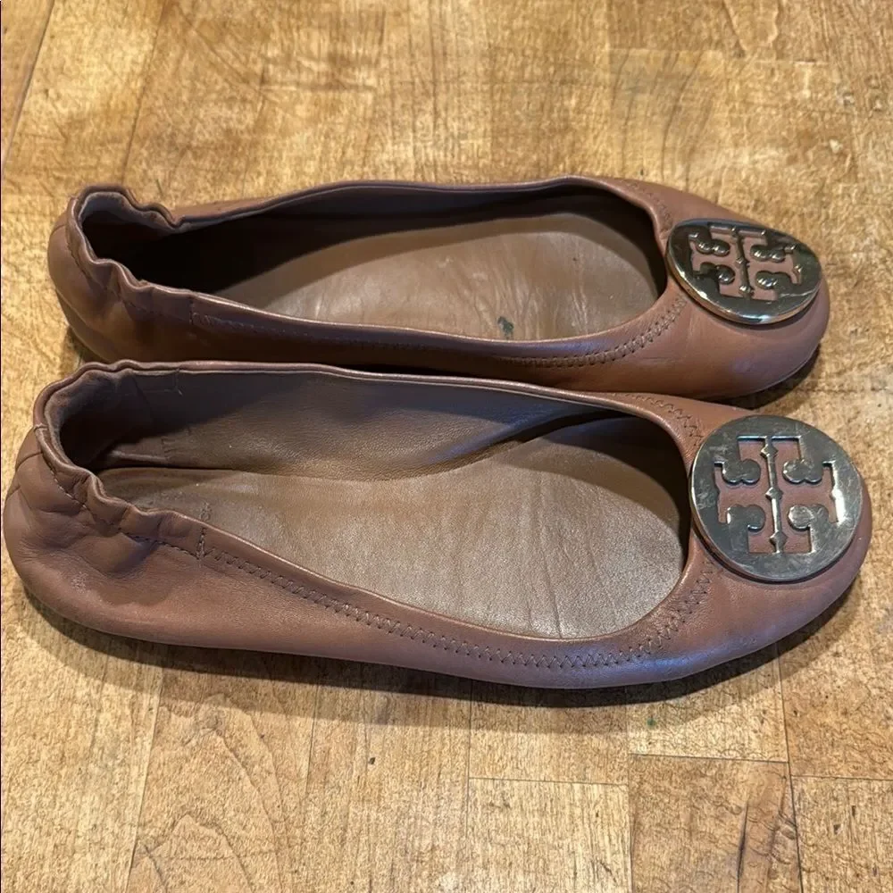 Tory Burch Tan Flats with Signature Logo